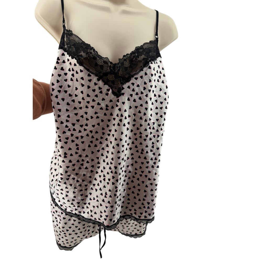 Victoria Secret Satin Sleepwear Black Neon Pink Heart Cami Shorts Set XLarge